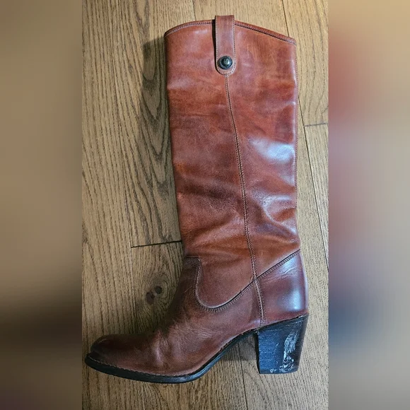 Frye Jackie Button Tall Boots 7.5 Cognac Brown Leather Western Riding - Picture 10 of 14